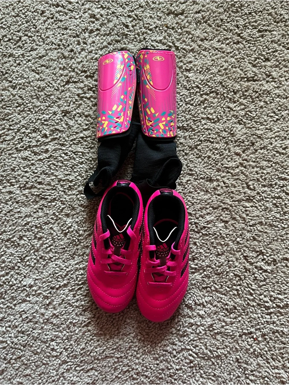 adidas Kids Pink Sneakers with Black Accents/ Shin guards included